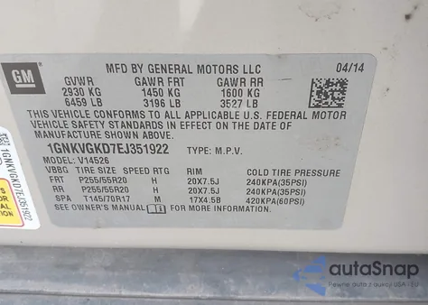 2014 Chevrolet Traverse 1Lt z USA, uszkodzony, nr VIN 1GNKVGKD7EJ351922